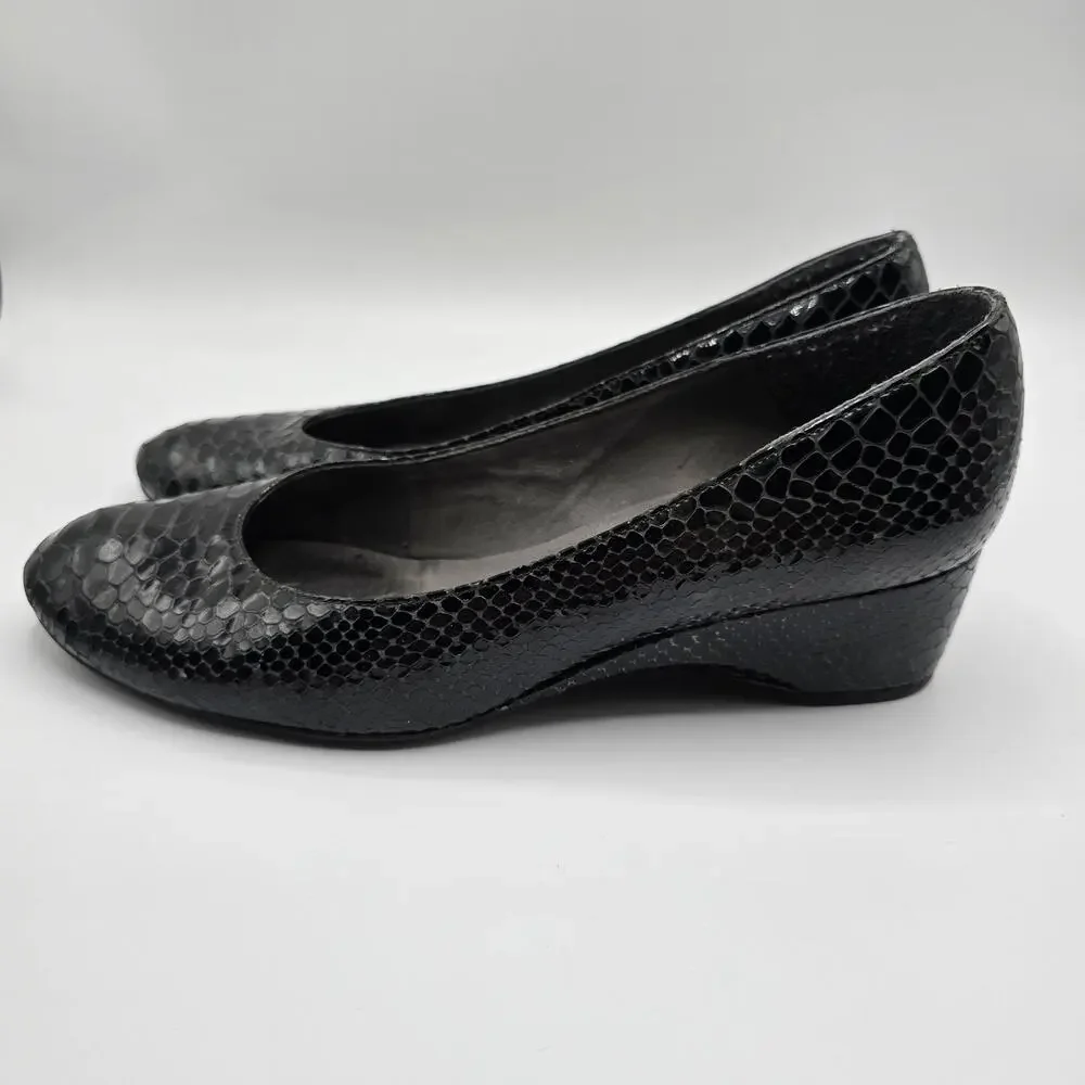 Stuart Weitzman black patent snake print low heel close toe wedges